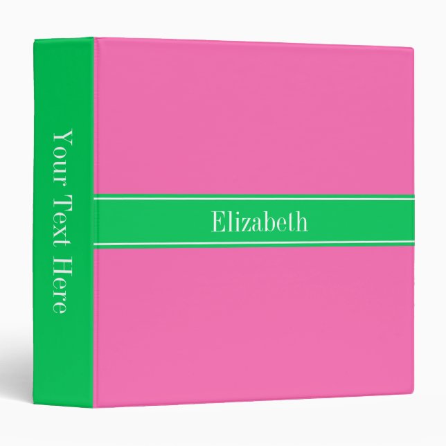 Solid Hot Pink #2 Emerald Green Rbn Name Monogram Binder (Front/Spine)