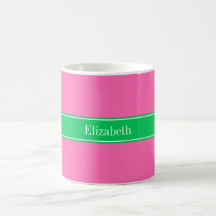 Solid Hot Pink #2 Emerald Green Rbn Name Monogram Coffee Mug