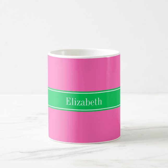 Solid Hot Pink #2 Emerald Green Rbn Name Monogram Coffee Mug (Center)
