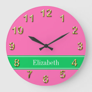 Solid Hot Pink #2 Emerald Green Rbn Name Monogram Large Clock