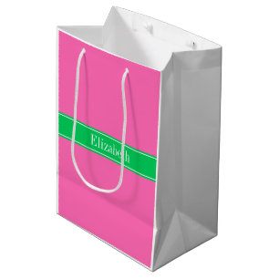 Solid Hot Pink #2 Emerald Green Rbn Name Monogram Medium Gift Bag