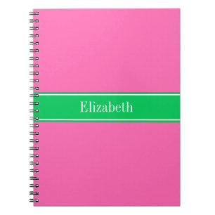 Solid Hot Pink #2 Emerald Green Rbn Name Monogram Notebook