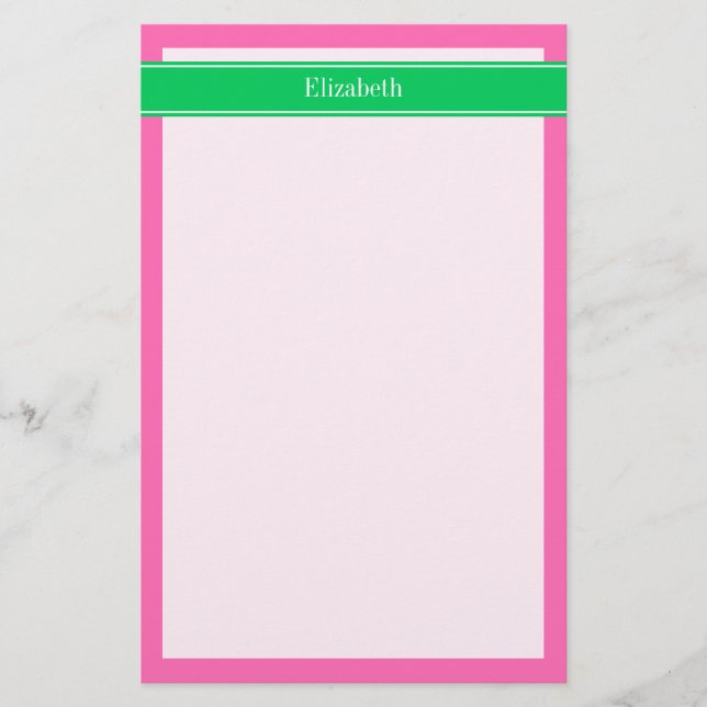 Solid Hot Pink #2 Emerald Green Rbn Name Monogram Stationery (Front)