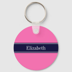 Solid Hot Pink #2, Navy Blue Ribbon Name Monogram Keychain