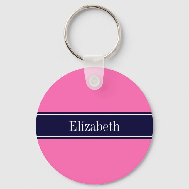 Solid Hot Pink #2, Navy Blue Ribbon Name Monogram Keychain (Front)