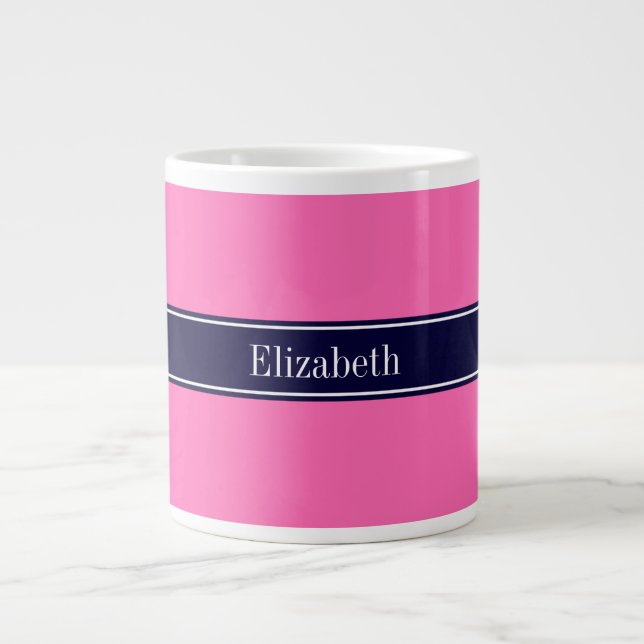 Solid Hot Pink #2, Navy Blue Ribbon Name Monogram Large Coffee Mug (Front)