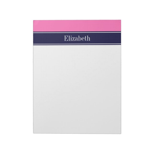 Solid Hot Pink #2, Navy Blue Ribbon Name Monogram Notepad (Rotated)