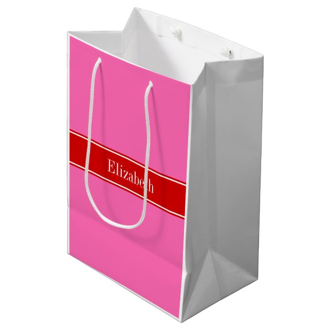 Solid Hot Pink #2 Red Rbn Name Monogram Medium Gift Bag (Front Angled)