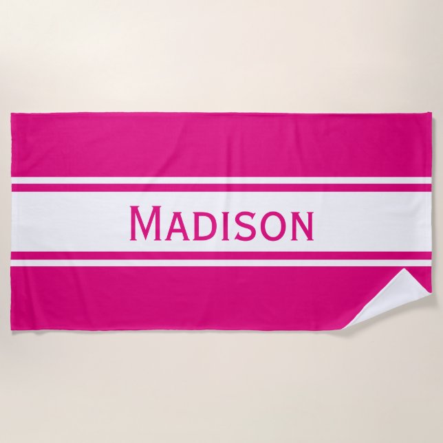 Solid Hot Pink White Stripes Modern Name Beach Towel (Front)