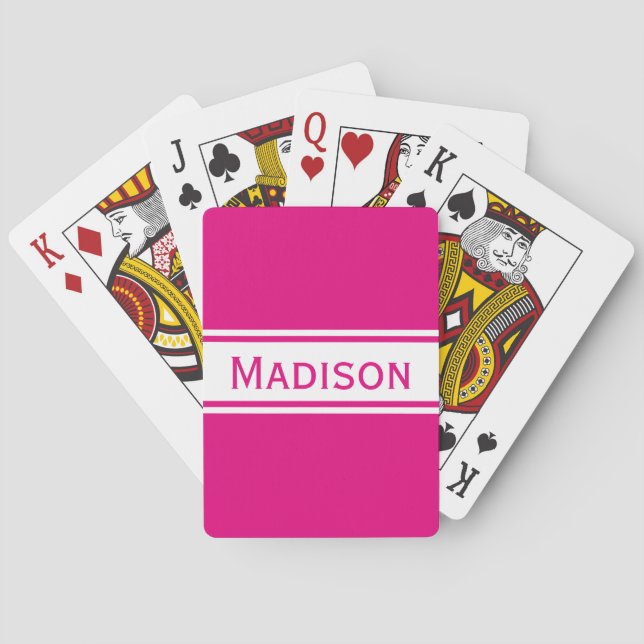 Solid Hot Pink White Stripes Modern Name Playing Cards (Back)