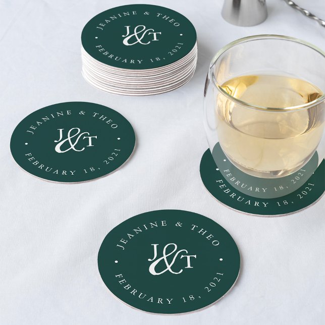 Solid Hunter Green Wedding Monogram Round Paper Coaster (Creator Uploaded)