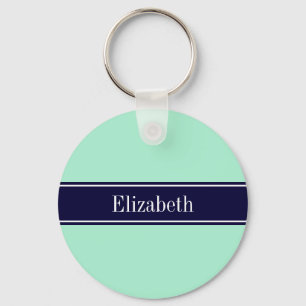 Solid Light Mint, Navy Blue Ribbon Name Monogram Keychain