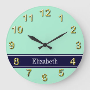 Solid Light Mint, Navy Blue Ribbon Name Monogram Large Clock