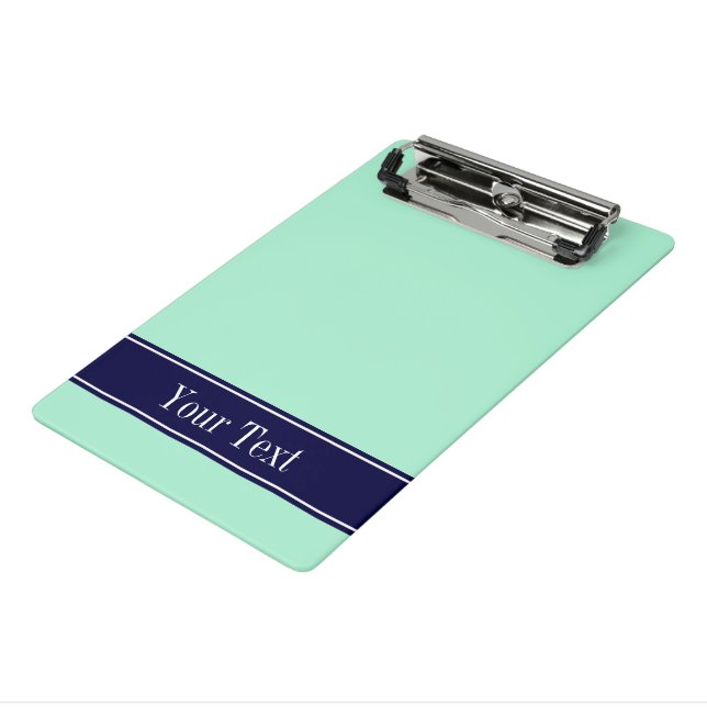 Solid Light Mint, Navy Blue Ribbon Name Monogram Mini Clipboard (Angled3)