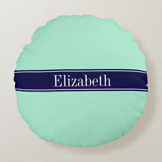 Solid Light Mint, Navy Blue Ribbon Name Monogram Round Pillow (Front)