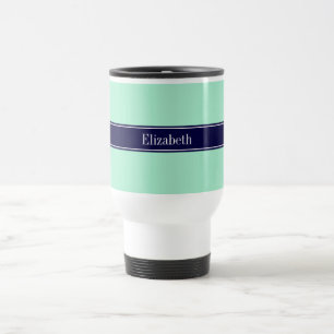 Solid Light Mint, Navy Blue Ribbon Name Monogram Travel Mug