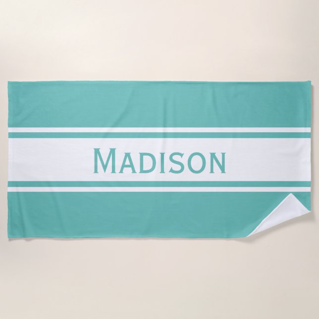 Solid Light Teal White Stripes Modern Name Beach Towel (Front)