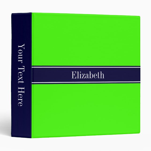 Solid Lime Green, Navy Blue Ribbon Name Monogram Binder (Front/Spine)