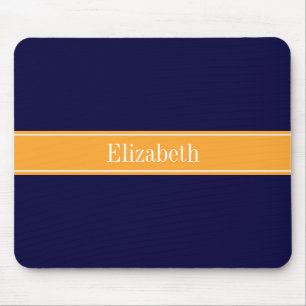 Solid Navy Blue, Cantaloupe Ribbon Name Monogram Mouse Pad