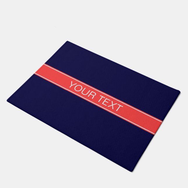 Solid Navy Blue Coral Red Ribbon Name Monogram Doormat (Angled)