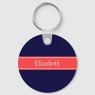 Solid Navy Blue Coral Red Ribbon Name Monogram Keychain