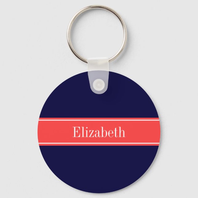Solid Navy Blue Coral Red Ribbon Name Monogram Keychain (Front)