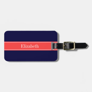 Solid Navy Blue Coral Red Ribbon Name Monogram Luggage Tag