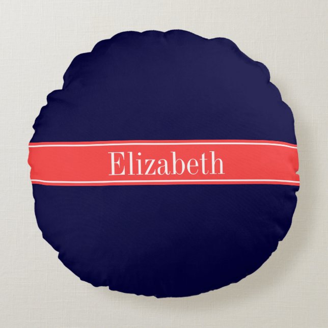 Solid Navy Blue Coral Red Ribbon Name Monogram Round Pillow (Front)