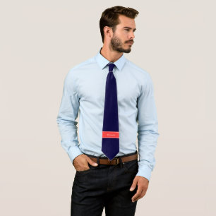 Solid Navy Blue Coral Red Ribbon Name Monogram Tie