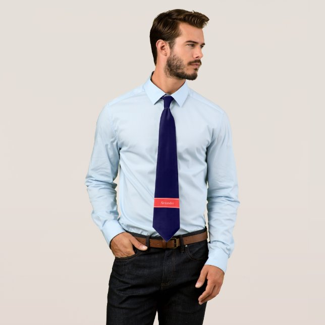 Solid Navy Blue Coral Red Ribbon Name Monogram Tie (In Situ)