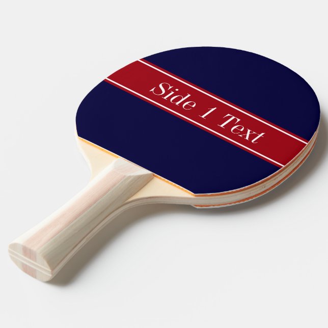 Solid Navy Blue Cranberry Red Ribbon Name Monogram Ping Pong Paddle (Front Angle)
