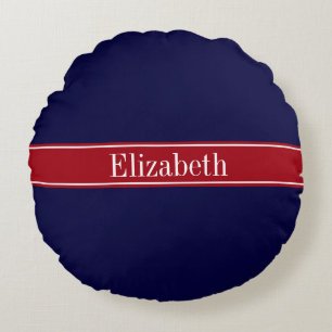 Solid Navy Blue Cranberry Red Ribbon Name Monogram Round Pillow