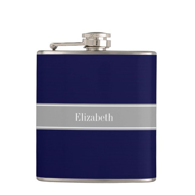 Solid Navy Blue, Dark Grey Ribbon Name Monogram Hip Flask (Front)