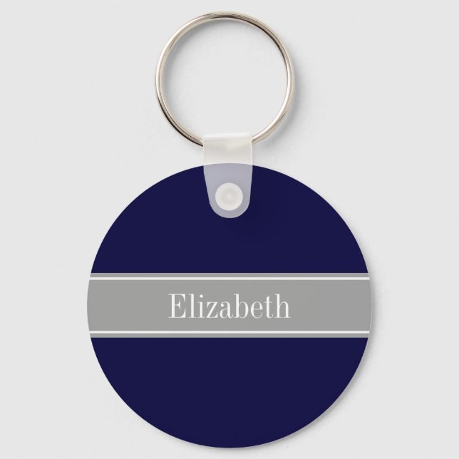 Solid Navy Blue, Dark Grey Ribbon Name Monogram Keychain (Front)