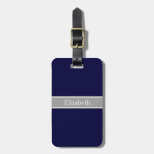 Solid Navy Blue, Dark Grey Ribbon Name Monogram Luggage Tag