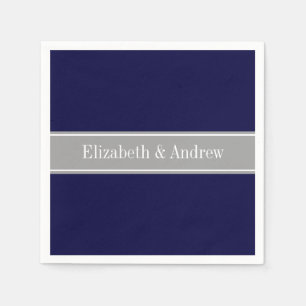 Solid Navy Blue, Dark Grey Ribbon Name Monogram Napkin