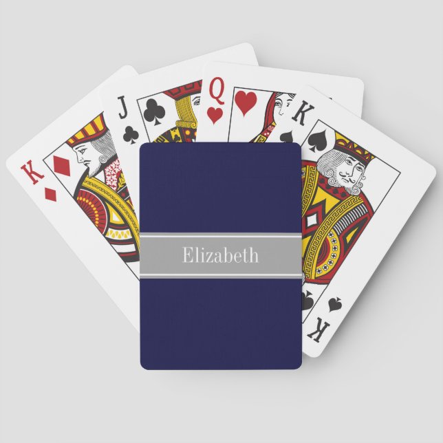Solid Navy Blue, Dark Grey Ribbon Name Monogram Playing Cards (Back)