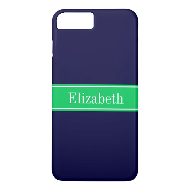 Solid Navy Blue Emerald Green Ribbon Name Monogram Case-Mate iPhone Case (Back)