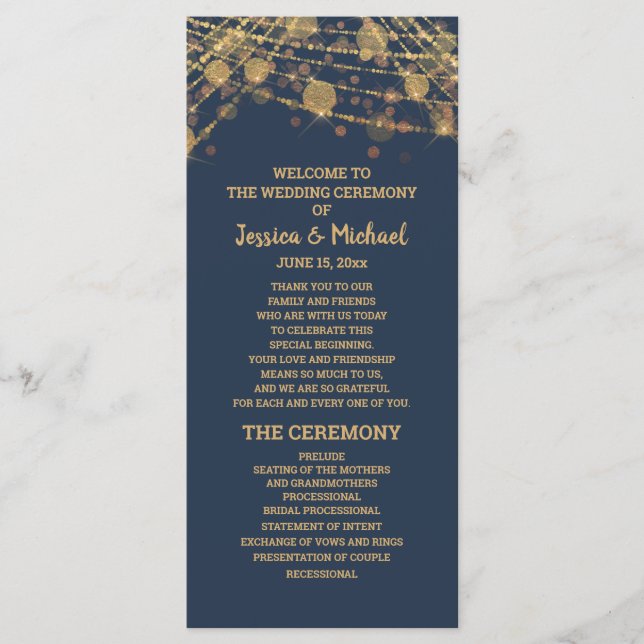 Solid Navy Blue Gold String Lights Wedding Program (Front)