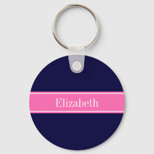 Solid Navy Blue Hot Pink #2 Ribbon Name Monogram Keychain