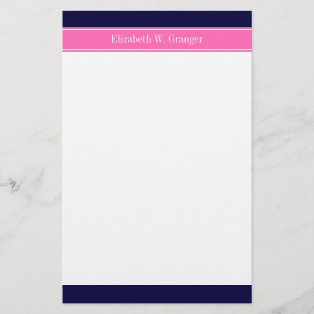 Solid Navy Blue Hot Pink #2 Ribbon Name Monogram Stationery (Front)