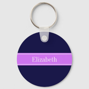 Solid Navy Blue, Lilac Ribbon Name Monogram Keychain