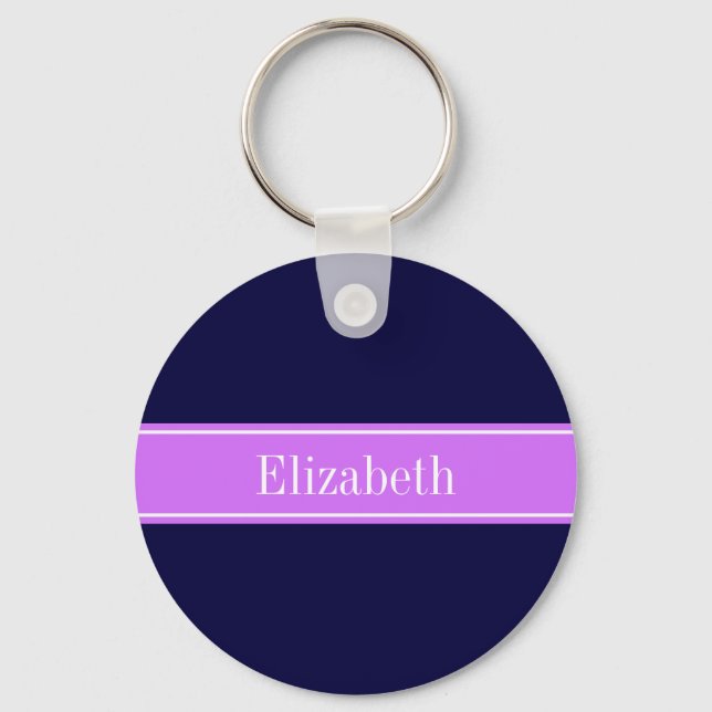 Solid Navy Blue, Lilac Ribbon Name Monogram Keychain (Front)