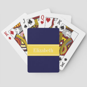 Solid Navy Blue, Pineapple Ribbon Name Monogram Playing Cards