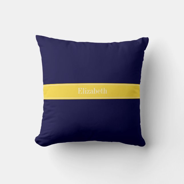 Solid Navy Blue, Pineapple Ribbon Name Monogram Throw Pillow (Front)