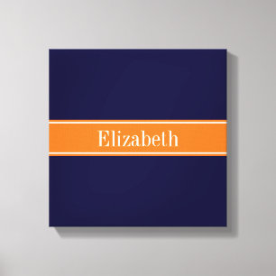 Solid Navy Blue, Pumpkin Ribbon Name Monogram Canvas Print