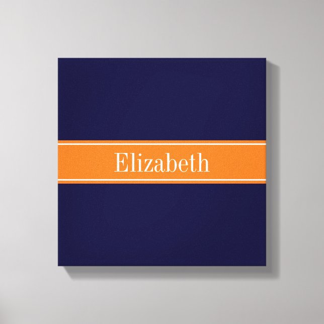 Solid Navy Blue, Pumpkin Ribbon Name Monogram Canvas Print (Front)