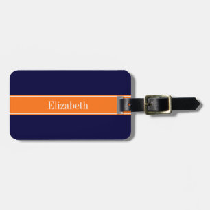 Solid Navy Blue, Pumpkin Ribbon Name Monogram Luggage Tag