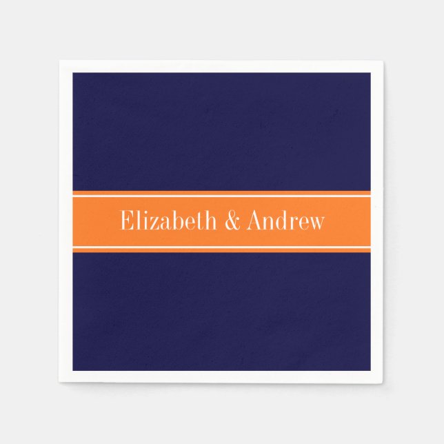 Solid Navy Blue, Pumpkin Ribbon Name Monogram Napkin (Front)