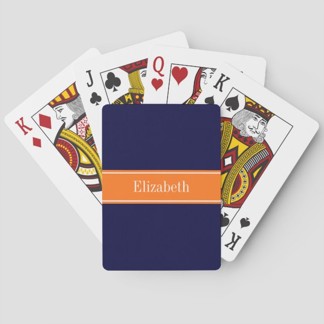 Solid Navy Blue, Pumpkin Ribbon Name Monogram Playing Cards (Back)